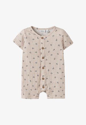 Combineu pentru bebeluși cu mâneci scurte, model în carouri maro și ancorașe mici bleumarin, nasturi maro în față și decolteu rotund.