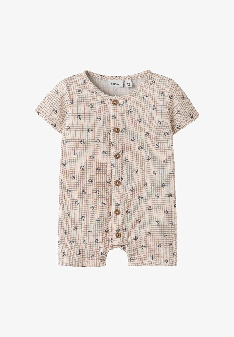 Barboteuse pour bébé à manches courtes avec motif à carreaux marron et petites ancres bleu marine, boutons marron à l'avant, et col rond.