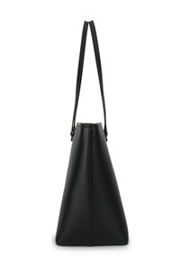 Black leather handbag with a triangular shape, slim shoulder straps, and smooth texture. Features minimalistic design without embellishments.