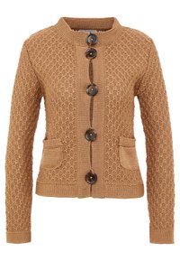 Cardigan lavorato a maglia marrone con un motivo testurizzato, cinque grandi bottoni, un colletto alto e due tasche frontali.
