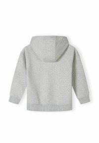 Grå huvtröja med en mjuk textur, ribbade ärmslut och en lös passform. Designen inkluderar en rymlig huva och inga synliga tryck.