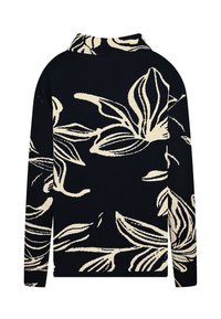 Schwarzer Pullover mit langen Ärmeln, der ein cremefarbenes Blumenmuster aufweist. Das Material ist strukturiertes Strickmaterial, mit einem Kragen und einem lässigen Schnitt.