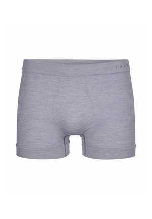 Bóxers grises de hombre con una cintura ancha y diseño sin costuras, mostrados de frente sobre un fondo blanco.