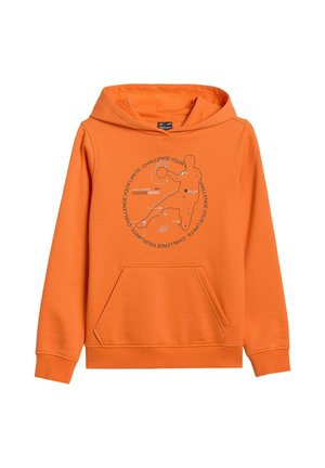 Pomarańczowa bluza z kapturem z przednią kieszenią i czarną grafiką osoby podnoszącej ciężary, otoczoną tekstem "Challenge your limits".