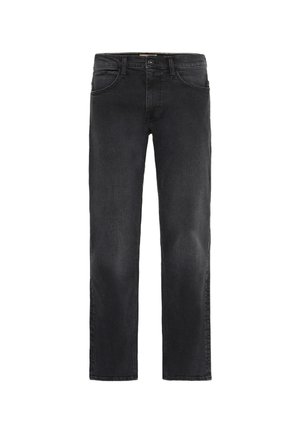 Jean en denim noir pour hommes à coupe droite, avec bouton à l'avant, fermeture éclair, et design à cinq poches, présenté sur fond blanc.