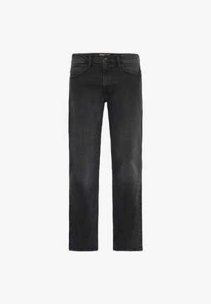 Jean en denim noir pour hommes à coupe droite, avec bouton à l'avant, fermeture éclair, et design à cinq poches, présenté sur fond blanc.