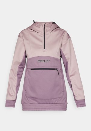 Purple hooded pullover with a half-zip front, contrasting light purple upper, elastic cuffs, and a zippered front pocket. "Oakley" logo at the waist.
