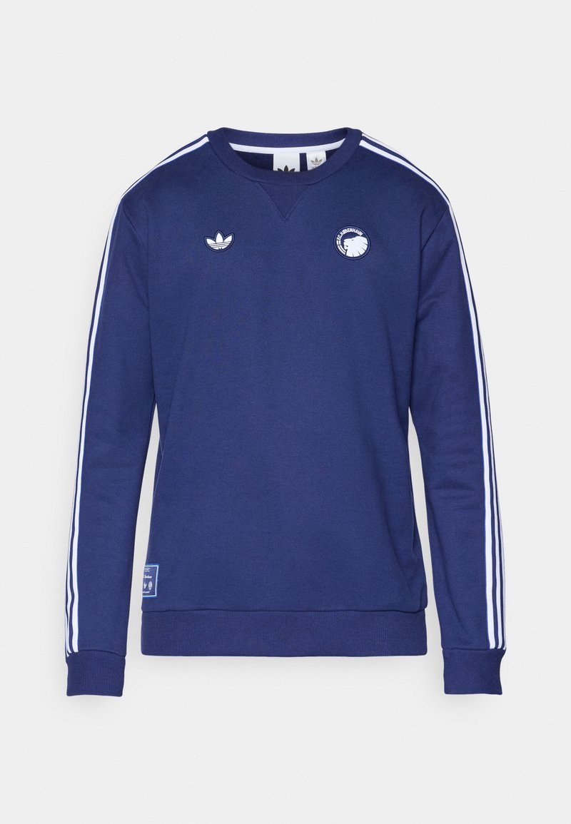 Sudadera azul marino con mangas largas, rayas blancas en los laterales, cuello redondo y logotipos bordados en el pecho y la manga. Textura suave.