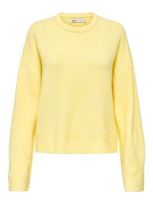 Lys gul genser laget av mykt, teksturert stoff. Har rund halsringning og senkede skuldre, med ribbestrikkede mansjetter og nederkant.
