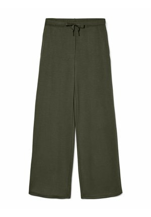 Olive green wide-leg pants made from soft fabric, featuring a drawstring waistband and smooth, unadorned texture.