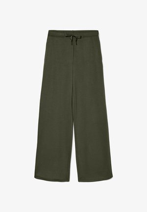 Pantaloni a gamba larga verde oliva realizzati in un tessuto morbido, dotati di una vita con coulisse e una superficie liscia e priva di decorazioni.