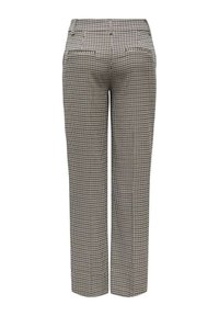 Pantalons à carreaux vichy noir et blanc avec une coupe droite, deux poches arrière et une taille mi-haute. Texture de tissu ajustée.