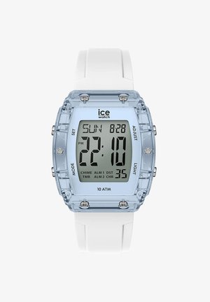 Digitale Uhr mit transparentem blauen Gehäuse, weißem Silikonarmband, LCD-Display, das Uhrzeit und Datum anzeigt, sowie Tasten für verschiedene Funktionen.