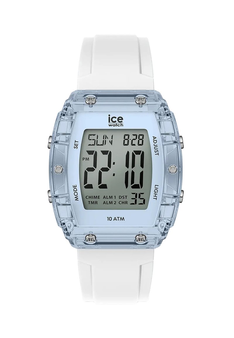 Montre numérique avec un boîtier bleu transparent, un bracelet en silicone blanc, un affichage LCD montrant l'heure et la date, et des boutons pour diverses fonctions.