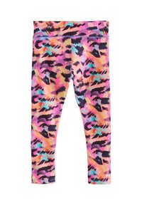 Leggings avec un motif abstrait vibrant rose et orange. Fabriqués en matière extensible avec une taille élastique et sans poches.