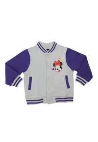 Giacca varsity grigia e viola con maniche lunghe. Caratterizzata da una grafica di Minnie Mouse e da polsini e orlo a coste a righe, oltre a tasche laterali.
