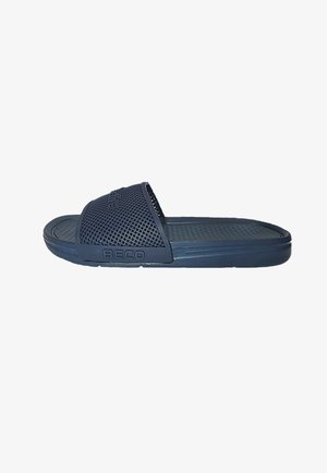 Blue rubber slide sandal with perforated strap and textured footbed. Features embossed logo and flat sole for comfort.