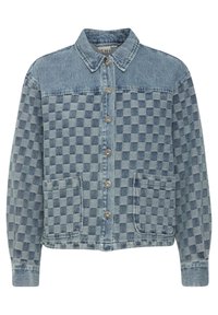 Niebieska kurtka dżinsowa z wzorem w szachownicę, z zapięciem na guziki, dwoma kieszeniami i klasycznym kołnierzem.