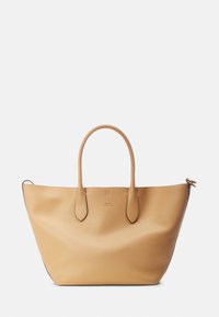 Tan läder tote-väska med en strukturerad form, två handtag och en slät yta. Har minimal varumärkesidentitet och ett öppet topp med justerbar stängning.