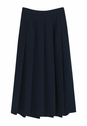 Navy pleated skirt made from a smooth fabric, featuring a fitted waistband and an A-line shape with a flowing hem.