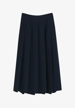 Marineblauwe geplooide rok van een gladde stof, met een aansluitende tailleband en een A-lijn vorm met een vloeiende zoom.