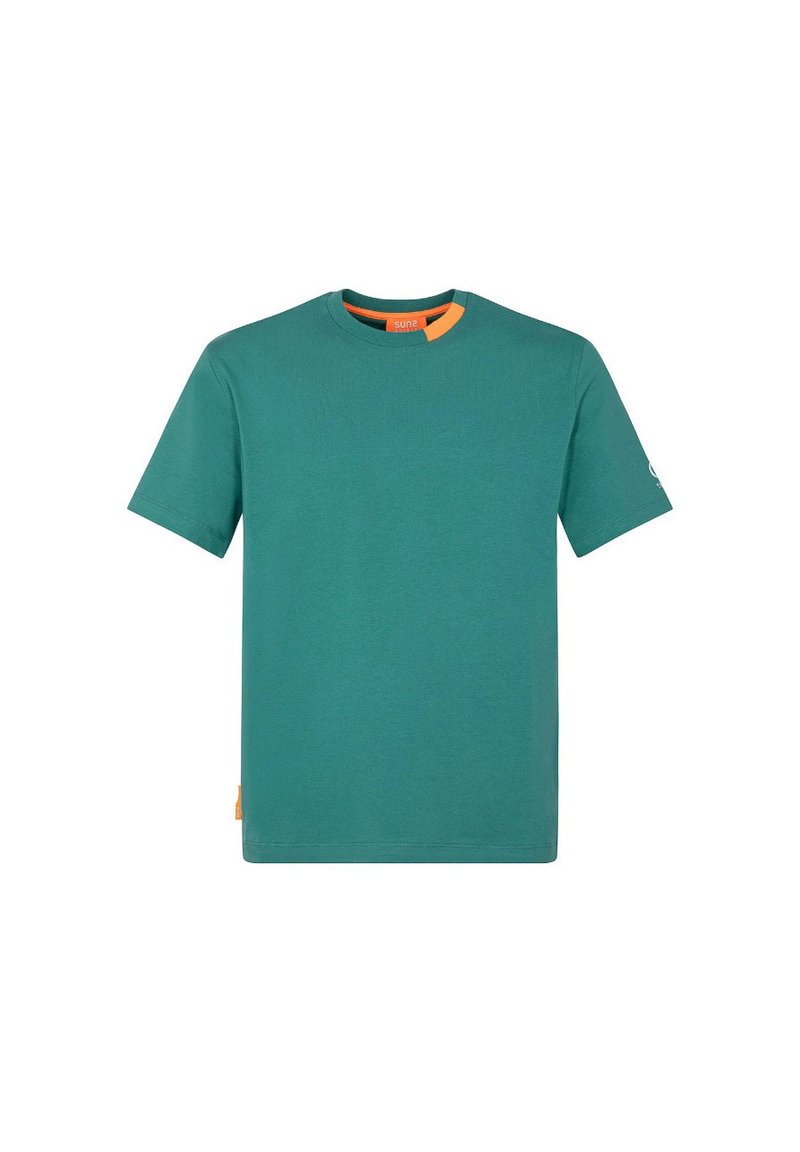 T-shirt in cotone teal con collo tondo, maniche corte e dettagli arancioni sul collo e sull'orlo. Tessuto liscio e vestibilità rilassata.