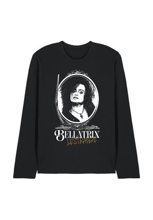Schwarzes Langarmshirt mit einem weiß gerahmten Porträt einer Frau mit lockigem Haar und dem Text "Bellatrix Lestrange" unter dem Bild.
