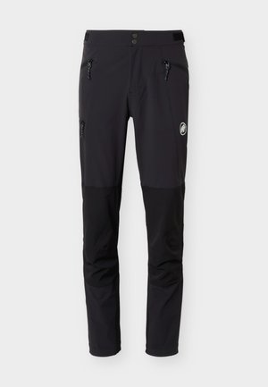 Sorte udendørsbukser med forstærkede knæpaneler, lynlåslommer på lårene, knaplukket talje og en cirkulær logo på højre lår.