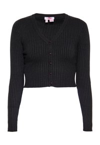 Černý žebrovaný cardigan s výstřihem do V, dlouhými rukávy a zapínáním na knoflíky. Má strukturovanou látku a přiléhavý krátký střih.