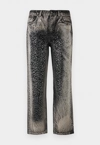 Black and gray denim jeans with a speckled, gradient fading pattern and subtle geometric design on the front and sides.