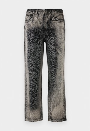 Black and gray denim jeans with a speckled, gradient fading pattern and subtle geometric design on the front and sides.