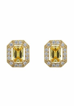 Boucles d'oreilles clous en or avec un centre en pierres précieuses rectangulaires jaunes, entourées d'un halo de petits cristaux ronds clairs.
