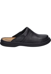 Black leather slip-on clogs with a rounded toe, textured finish, and stitched accents. Features a cushioned footbed and flexible outsole.