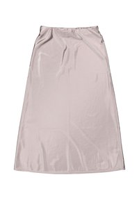 Una falda de color rosa claro, hasta la rodilla, hecha de una tela suave y brillante. Presenta una cintura fruncida y un diseño simple y recto. Sin estampados ni acentos.