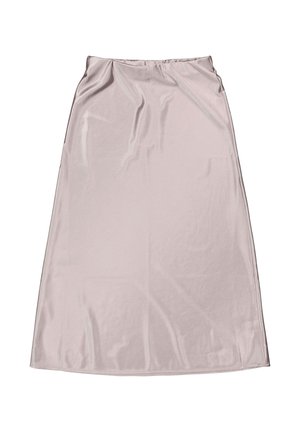 Una falda de color rosa claro, hasta la rodilla, hecha de una tela suave y brillante. Presenta una cintura fruncida y un diseño simple y recto. Sin estampados ni acentos.
