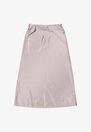 Ein hellrosaner, knielanger Rock aus glattem, glänzendem Stoff. Mit einem gerafften Bund und einem einfachen, geraden Design. Keine Muster oder Akzente.