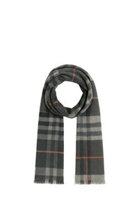 Sciarpa a scacchi grigia e nera in morbido tessuto, con bordi sfrangiati e sottili linee arancioni nel motivo.