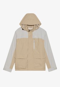 Beige jakke med grå detaljer, hette, frontglidelås, to store lommer og en liten glidelåslomme på brystet. Lett, glatt tekstur.