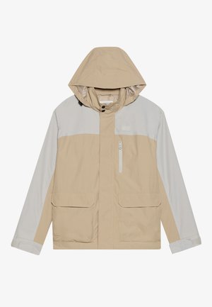 Beige jacket with gray accents, a hood, front zipper, two large pockets, and a small zippered pocket on the chest. Lightweight, smooth texture.