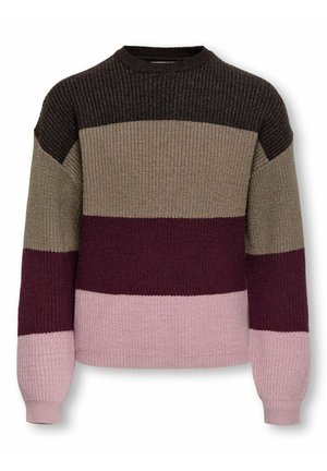 Gruby sweter dziany z szerokimi poziomymi paskami w kolorach ciemnobrązowym, taupe, bordowym i różowym, z długimi rękawami i okrągłym dekoltem.
