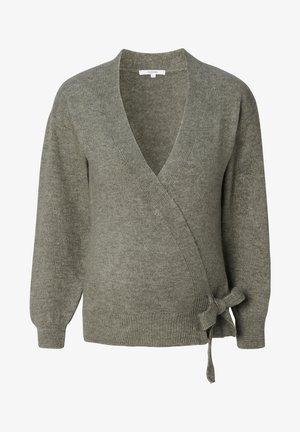 Grüne Wickeljacke aus weichem Strickstoff. Hat einen tiefen V-Ausschnitt, lange Ärmel und ein gebundenes Taillendetail für eine verstellbare Passform.