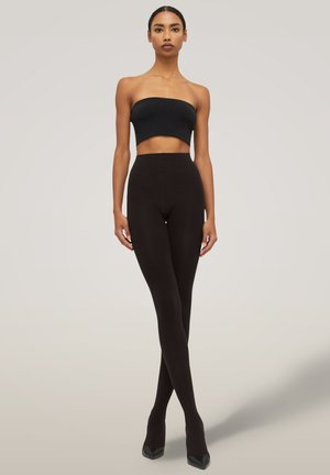 Schwarze, hochtaillierte Leggings aus einem glatten, dehnbaren Stoff, mit nahtlosem Design und taillierter Silhouette.