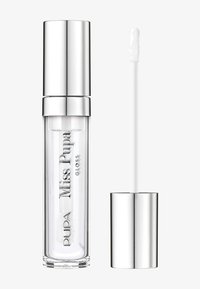 Brillo de labios transparente en un tubo cilíndrico de vidrio con tapa metálica plateada. Incluye un aplicador blanco para una aplicación fácil.