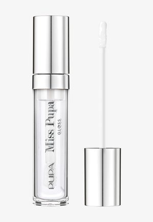 Gloss à lèvres transparent dans un tube en verre cylindrique avec un capuchon en métal argenté. Comprend une baguette applicatrice blanche pour une application facile.