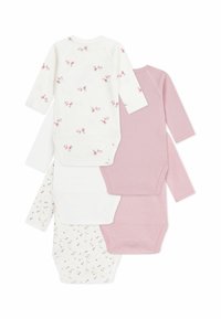 Set aus vier Babybodys in verschiedenen Farben: zwei in zartem Rosa, einer in Weiß mit floralen Motiven und einer in Weiß mit rosa Streifen. Mit langen Ärmeln.