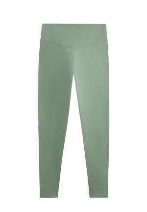 Leggings u mint zelenoj boji izrađene od rastezljivog materijala, s visokim strukom, glatkom teksturom i bez vidljivih hardverskih elemenata ili uzoraka.