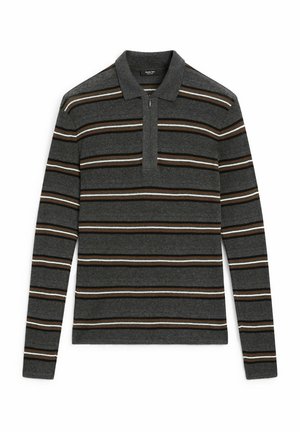 Langärmelig polo-shirt in donkergrijs met horizontale strepen in bruin en lichtblauw, voorzien van een rits kraag en zachte textuur.