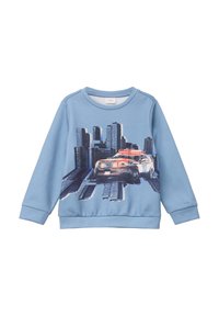  Lichtblauwe sweatshirt met een graphic van een politieauto en een stadsgezicht. Rond de hals, lange mouwen en geribbelde boorden.