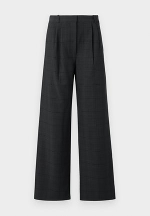 High-waist wide-leg trousers in dark gray plaid with front pleats and belt loops, tailored for a loose, comfortable fit.