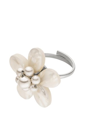 Silver ring with an adjustable band featuring a flower design made of pearly petals and clustered pearl-like beads in the center.